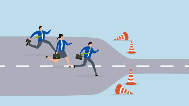 Bottleneck make business run slow, 4k animation of Business individuals sprint along broad path to arrive at tight, sluggish bottleneck. 