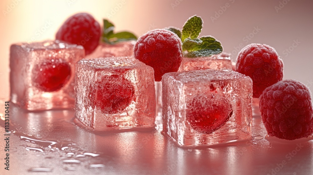 Aufkleber ice cubes with raspberries and mint, creating a refreshing visual appeal.