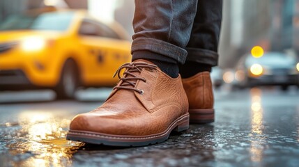 A close-up image of stylish brown leather shoes walking on a wet city street, highlighting the...