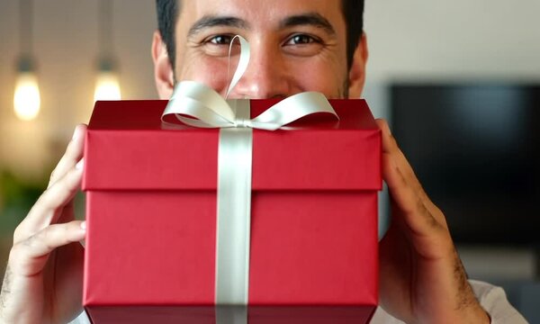 Junger Mann pr&auml;sentiert mit Vorfreude ein Geschenk mit einem L&auml;cheln in die Kamera