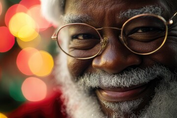 Close-up of a smiling Black Santa Claus with glasses, Christmas lights in soft focus background.
