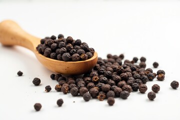 Freshly Harvested Black Peppercorns in a Rustic Wooden Spoon, Perfect for Gourmet Cooking and Spice Enthusiasts