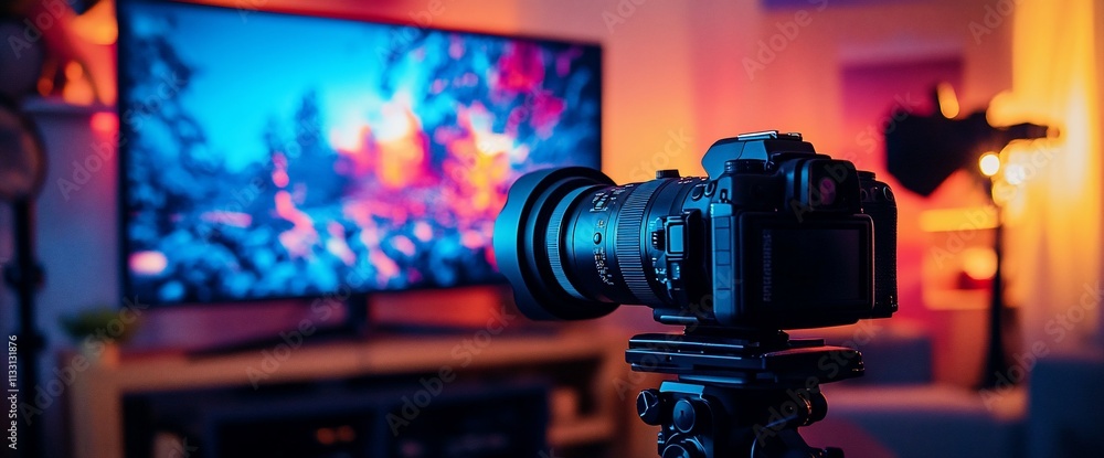 Poster a camera on a tripod focused on a colorful television display.