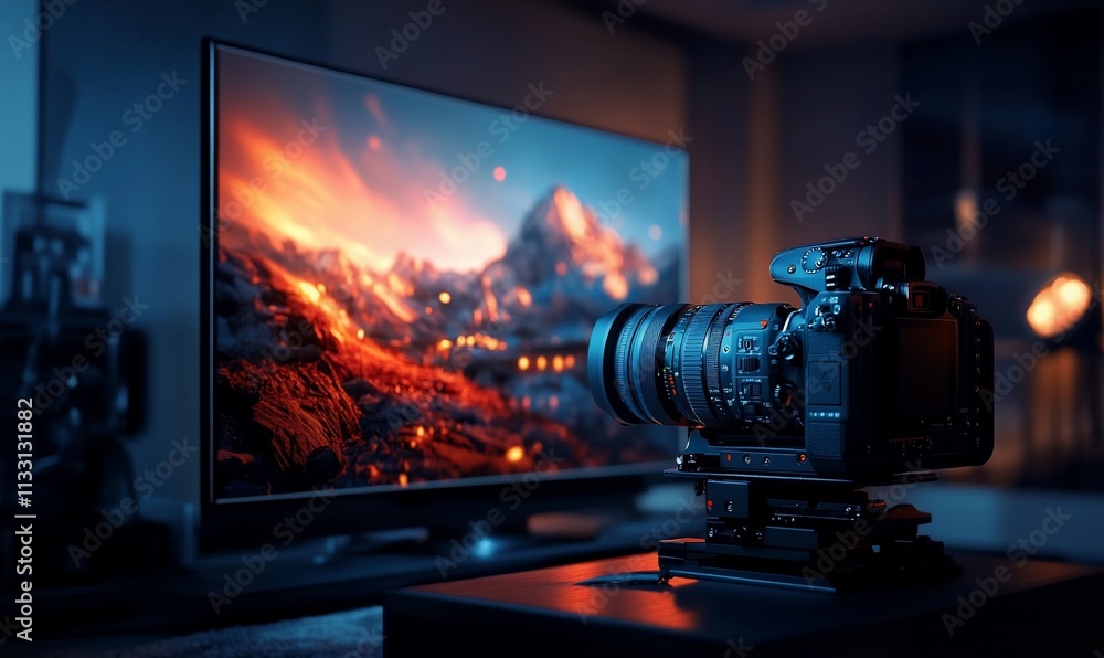 Poster a camera positioned next to a tv displaying a scenic landscape.