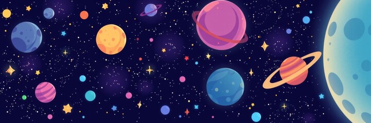 Liquid planets floating in a colorful cartoon style universe with stars and galaxies, perfect for a fun and whimsical space background illustration, galaxies, colorful, space