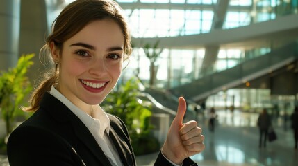Fototapeta premium Young Woman Smiling and Giving Thumbs Up in Modern Indoor Setting