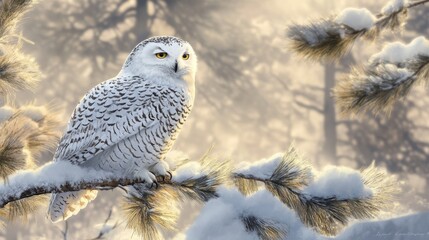 Fototapeta premium Snowy Owl Perched on Branch in Winter Landscape with Soft Light