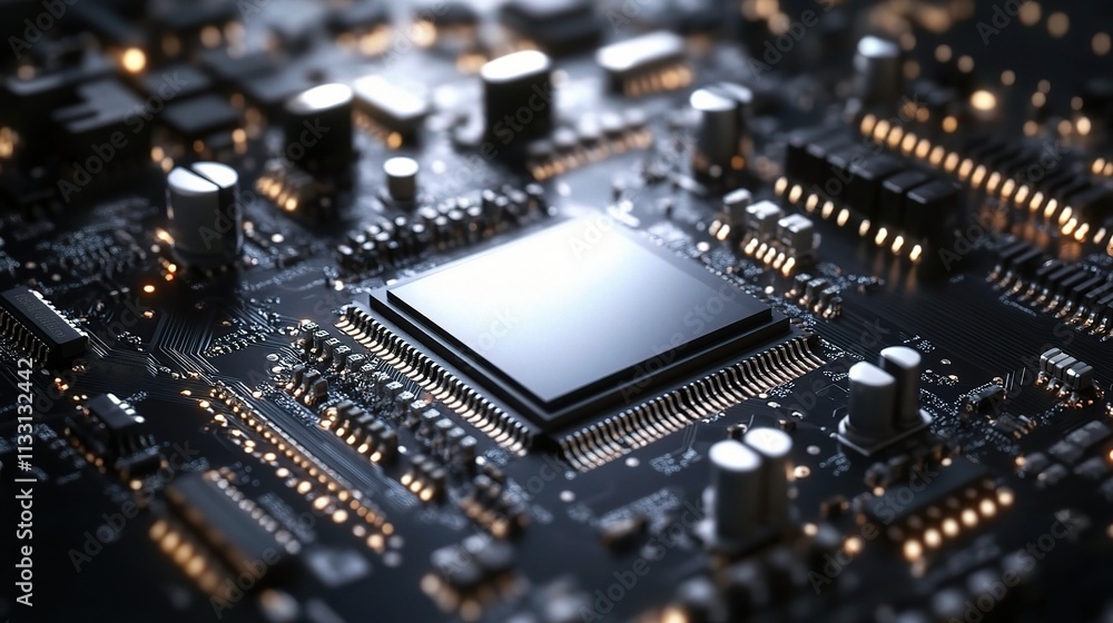 Poster the heart of technology: a close-up shot of a powerful processor chip nestled within a complex circu