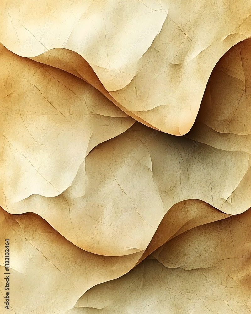 Poster an abstract close-up of flowing, textured waves of beige and cream-toned paper, creating a warm and 