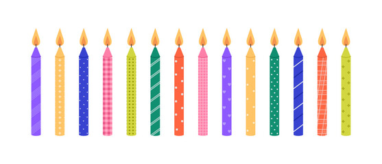 Colorful burning birthday cake candles set with different patterns. Holiday, anniversary celebration. Decoration for banner, greeting card. Vector flat illustration isolated on white background