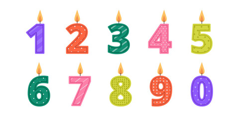 Colorful burning number shape birthday cake candles set with different patterns. Holiday, anniversary. Decoration for banner, greeting card. Vector flat illustration isolated on white background