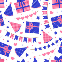 Seamless pattern with gift boxes, party hats and garlands in pink and blue colors on white background. Birthday, anniversary celebration. Vector flat illustration for wallpaper, textile, packaging