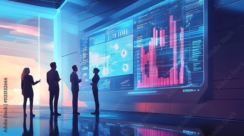 Poster business team analyzing data on large interactive screen