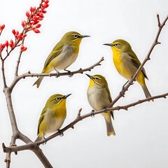 Four small, yellow-and-beige birds sit on a branch. Red berries are on the branch too.

