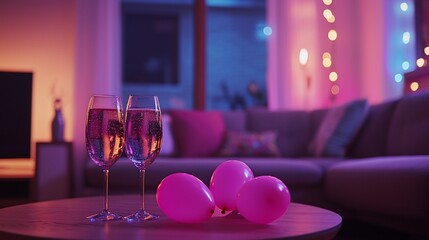 Two champagne flutes and pink balloons on a table in a dimly lit living room.