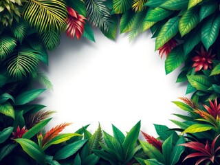 Lush green jungle background with vibrant foliage creating a frame around empty center space for text or design, tropical, jungle, copyspace