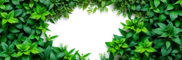 Lush greenery border with white space surrounded by luxurious plants, green plants, copy space, background