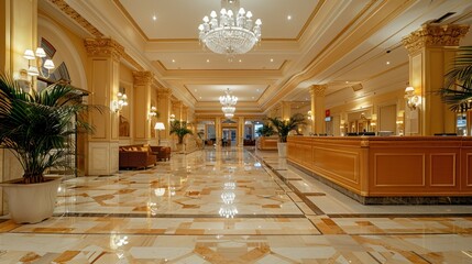 Elegant hotel lobby with marble floor, chandelier, and reception desk.