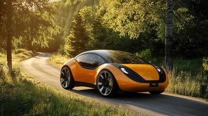 Fototapeta premium A sleek orange car on a scenic road surrounded by nature.