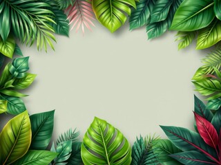 Fototapeta premium Lush tropical foliage creating a frame with white space in the center for text or images, tropical plants, template, leaves