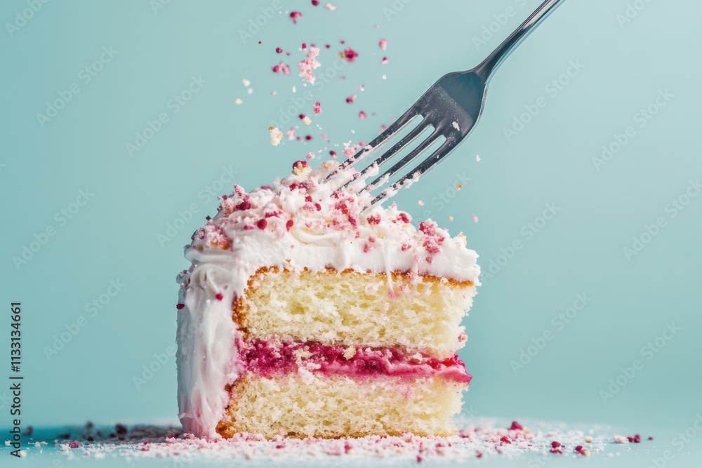 Wall mural Delicious Raspberry Cake Slice Being Eaten With Fork