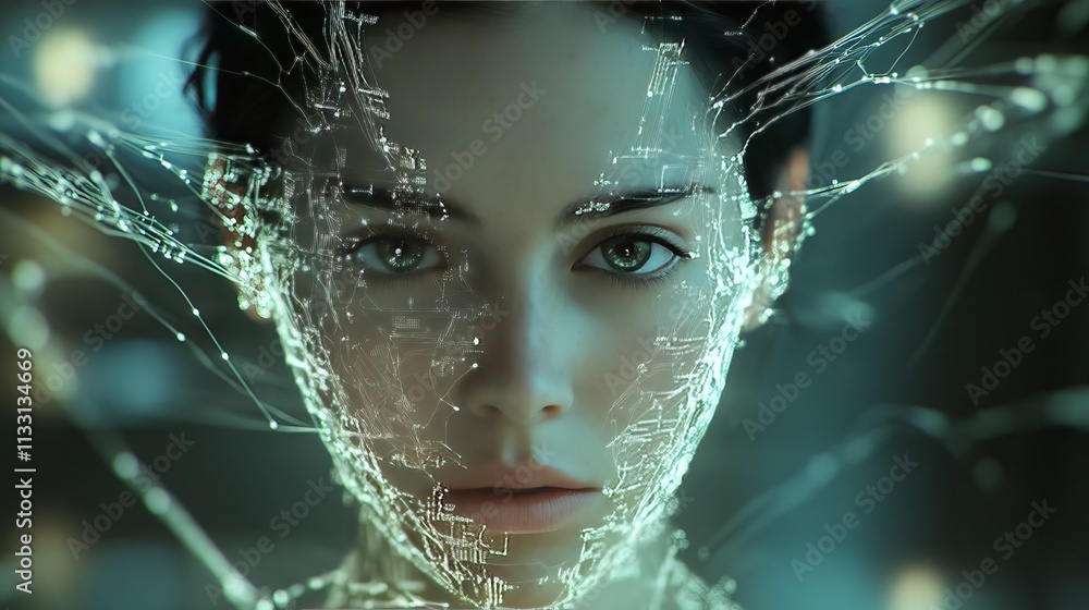 Poster a detailed and striking close-up digital portrait depicting a woman's face overlaid with intricate l