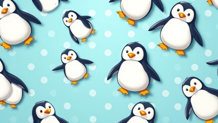 Obraz premium Cute Penguin Seamless Pattern Light Blue Background, Cartoon Design, White Dots, Bright Colors, High Quality