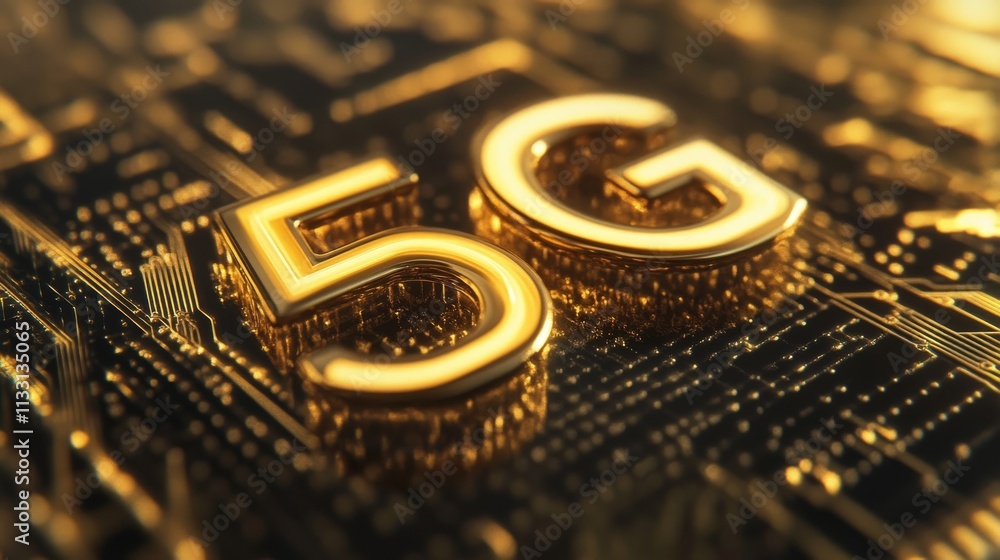 Poster high-tech depiction of 5g communication concept represented by a gold '5g' label on a detailed circu