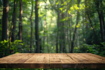 High Quality Visual of Camping Wooden Tabletop in Green Forest for Product Display