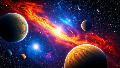 Fantasy colorful galaxy with beautiful planets. Generative AI.