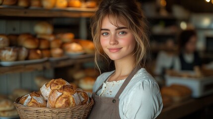 A young woman smiles while holding a basket of fresh bread in a cozy bakery setting.