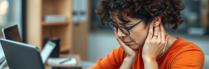 Fototapeta premium Man sitting at table holding sore neck while using notebook computer, showing signs of discomfort and pain, tension, technology, overworked
