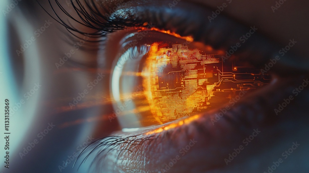 Poster a futuristic eye reflecting a digital world with glowing circuitry.