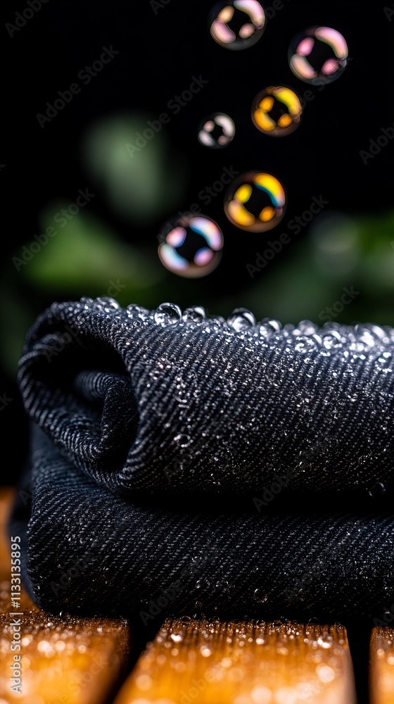 Poster a close-up of a rolled black fabric with droplets and colorful bubbles, creating a fresh and vibrant