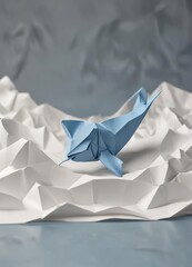 Obraz premium Minimalistic design of an origami whale emerging from folded paper waves, minimalistic, design