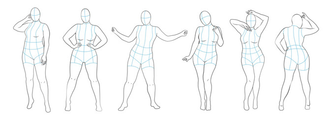 Plus Size Female body mannequin. Figure template for fashion sketch ideas of women's clothing. Fashion design. Luxury outline vector illustration set