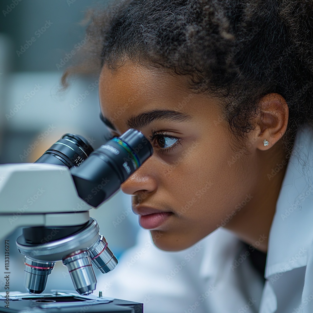 Poster a photo of a student using a microscope to examine a slide, displaying intense concentration. the sc