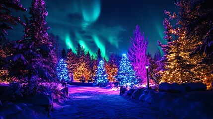 Fototapeta premium christmas tree in the forest and lights decorated with shining lights
