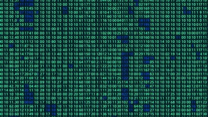 Matrix style green and blue grid with dynamic HUD elements, featuring binary code, 3D coding patterns, and blinking dots, HUD, 3D, coding