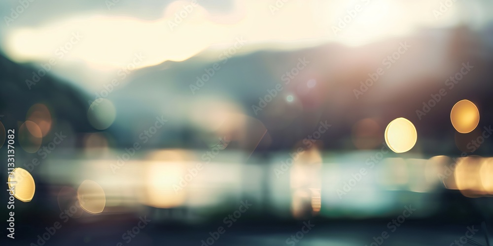 Poster a dreamy blurred background with soft bokeh lights, creating a serene and tranquil atmosphere near w