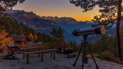 Naklejka premium A telescope set up for stargazing in a scenic mountain landscape at sunset.