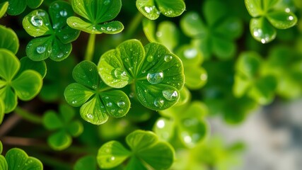 Dew Drops on Clover Leaves Close-Up, Nature Photography, Green, Fresh, Macro, Close-up, Detail, Bright, Sharp, High-Quality, HD, 