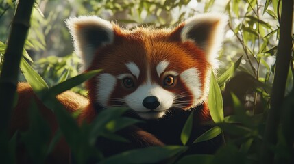 Charming Red Panda Surrounded by Lush Green Bamboo Forest