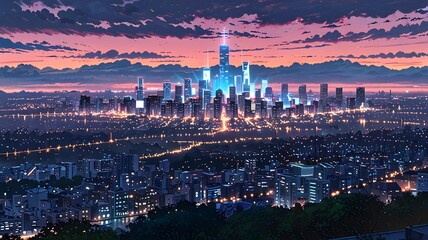 Naklejka premium aesthetic anime wallpaper city skyline at night