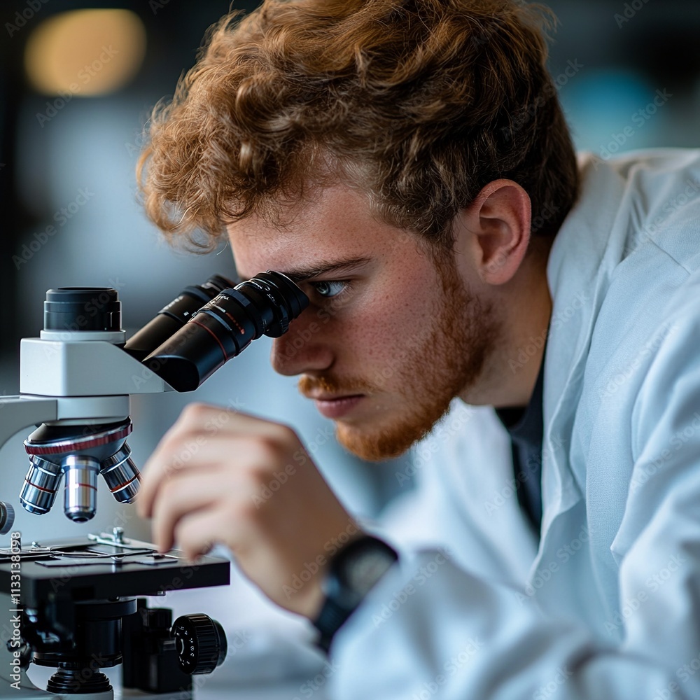 Poster a photo of a student using a microscope to examine a slide, displaying intense concentration. the sc