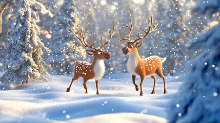 Obraz premium Happy cartoon reindeer playing in a snowy festive winter landscape with snowflakes softly falling
