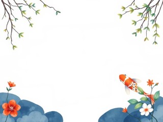 Fototapeta premium Minimal watercolor frame featuring serene nature scene with vibrant koi fish swimming gracefully in the center, minimalistic, serene, nature