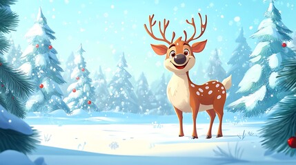 Smiling cartoon reindeer standing in a snowy winter environment surrounded by holiday pine trees
