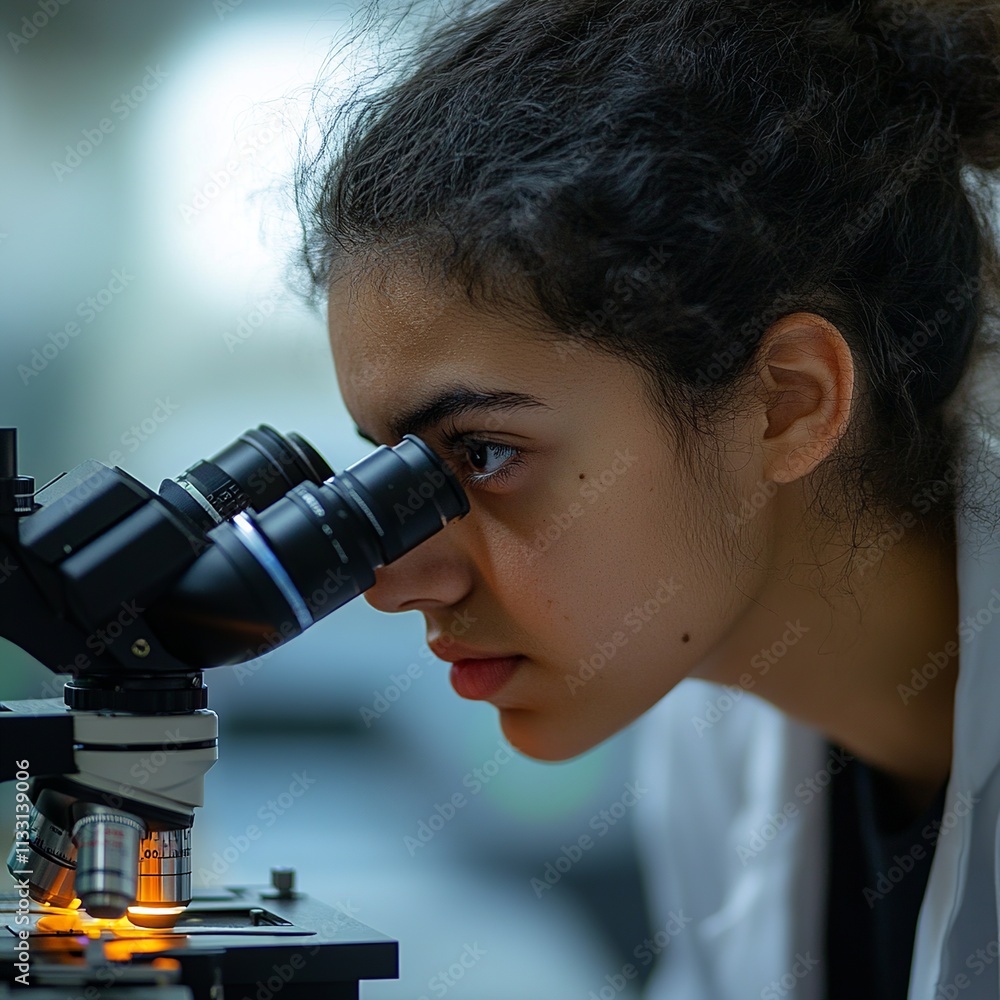 Poster a photo of a student using a microscope to examine a slide, displaying intense concentration. the sc