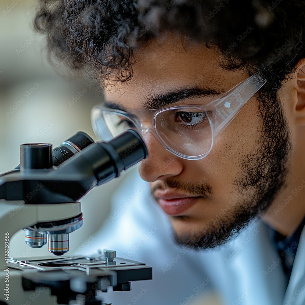 Poster a photo of a student using a microscope to examine a slide, displaying intense concentration. the sc